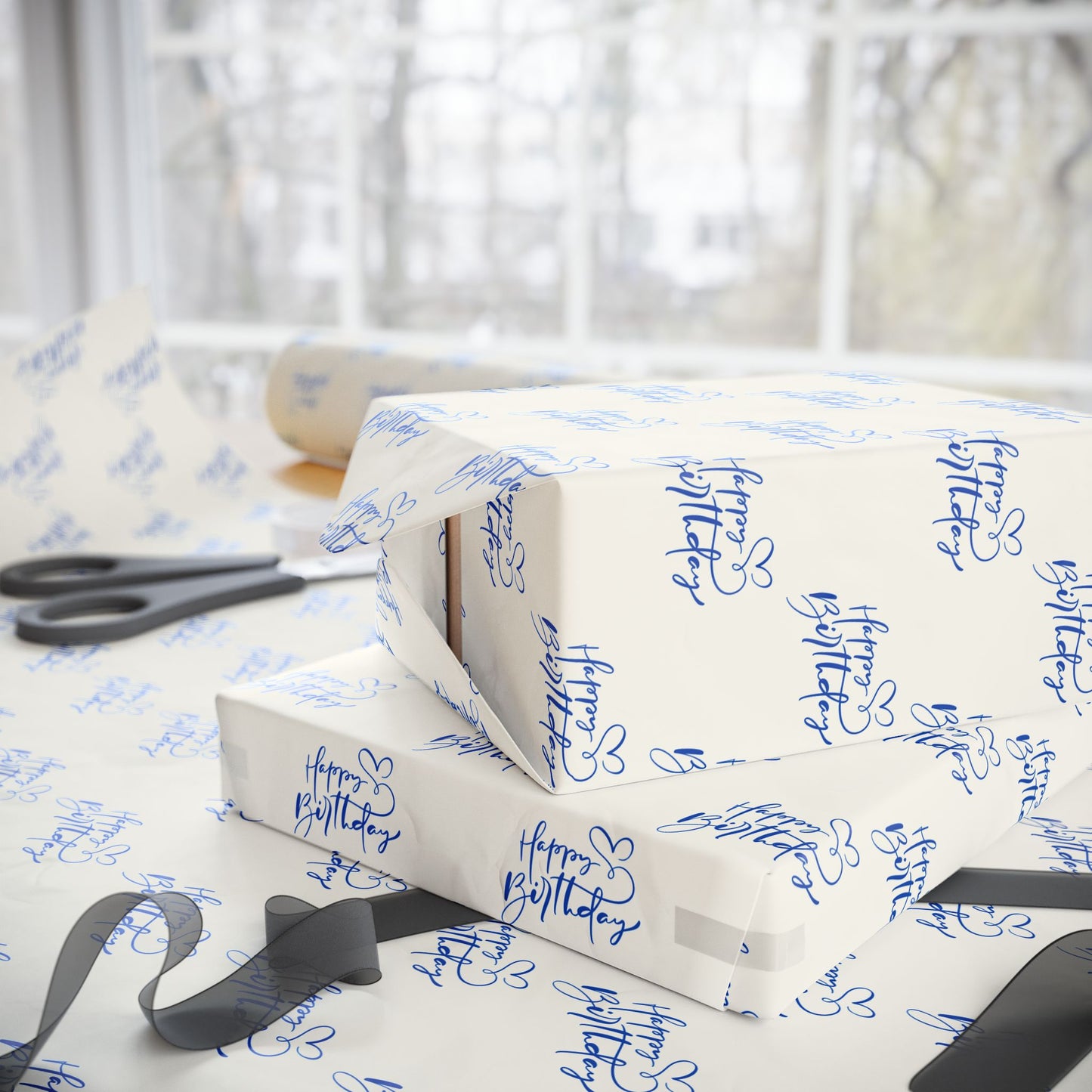 Blue Script Happy Birthday Wrapping Paper