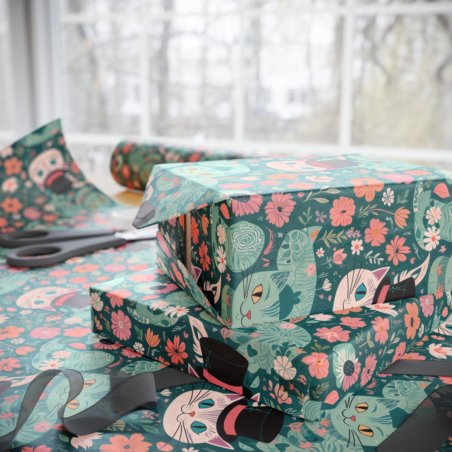 Cute Floral Cheshire Cat Wrapping Paper