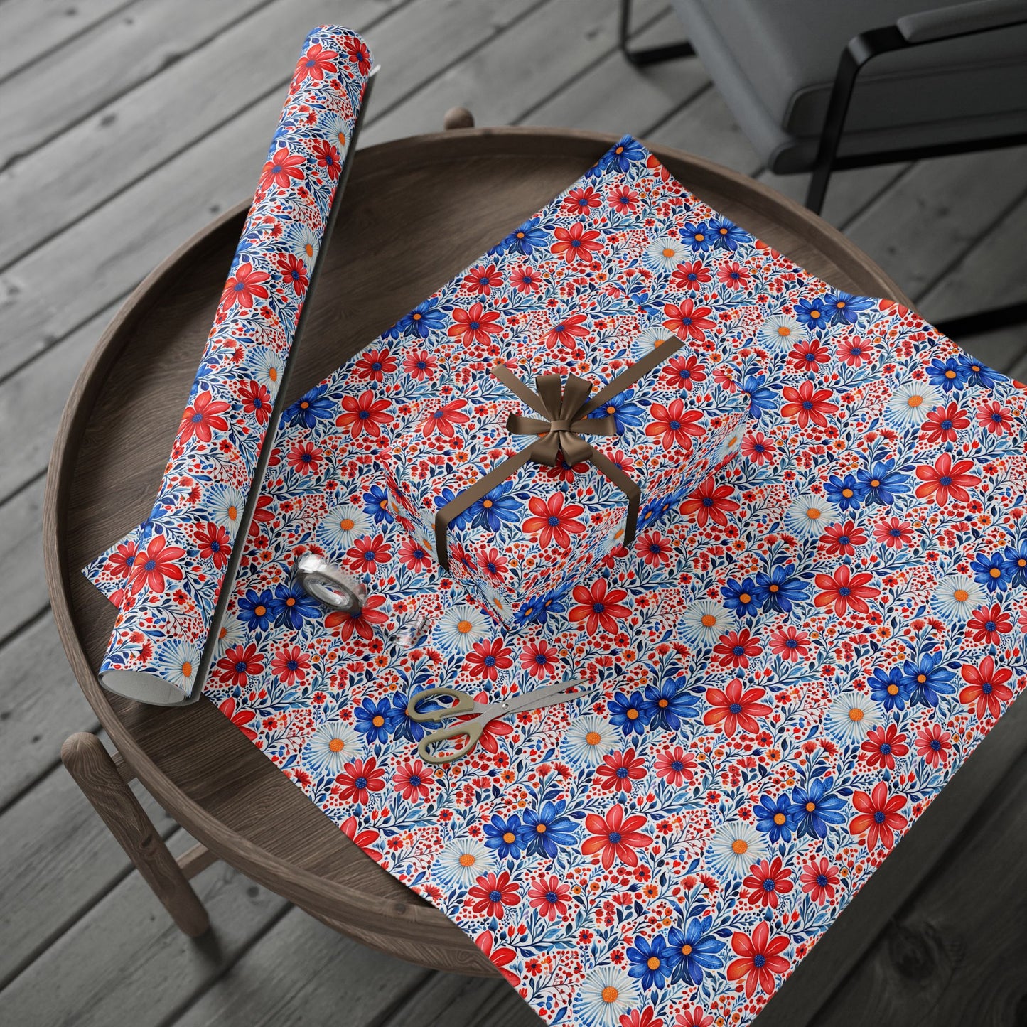Red, White and Blue Floral Wrapping Paper