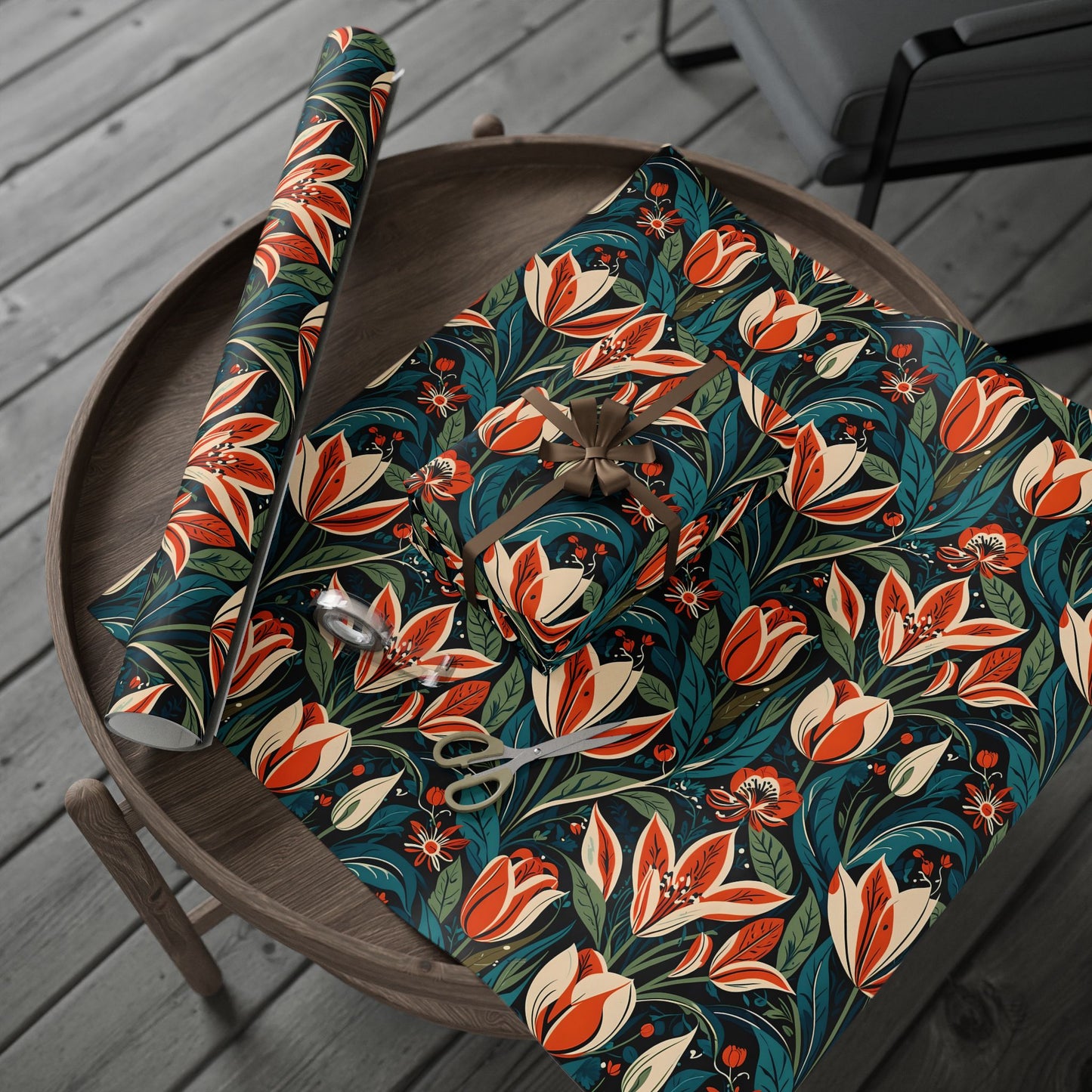 Orange Green Blue Botanical Floral Wrap for Presents