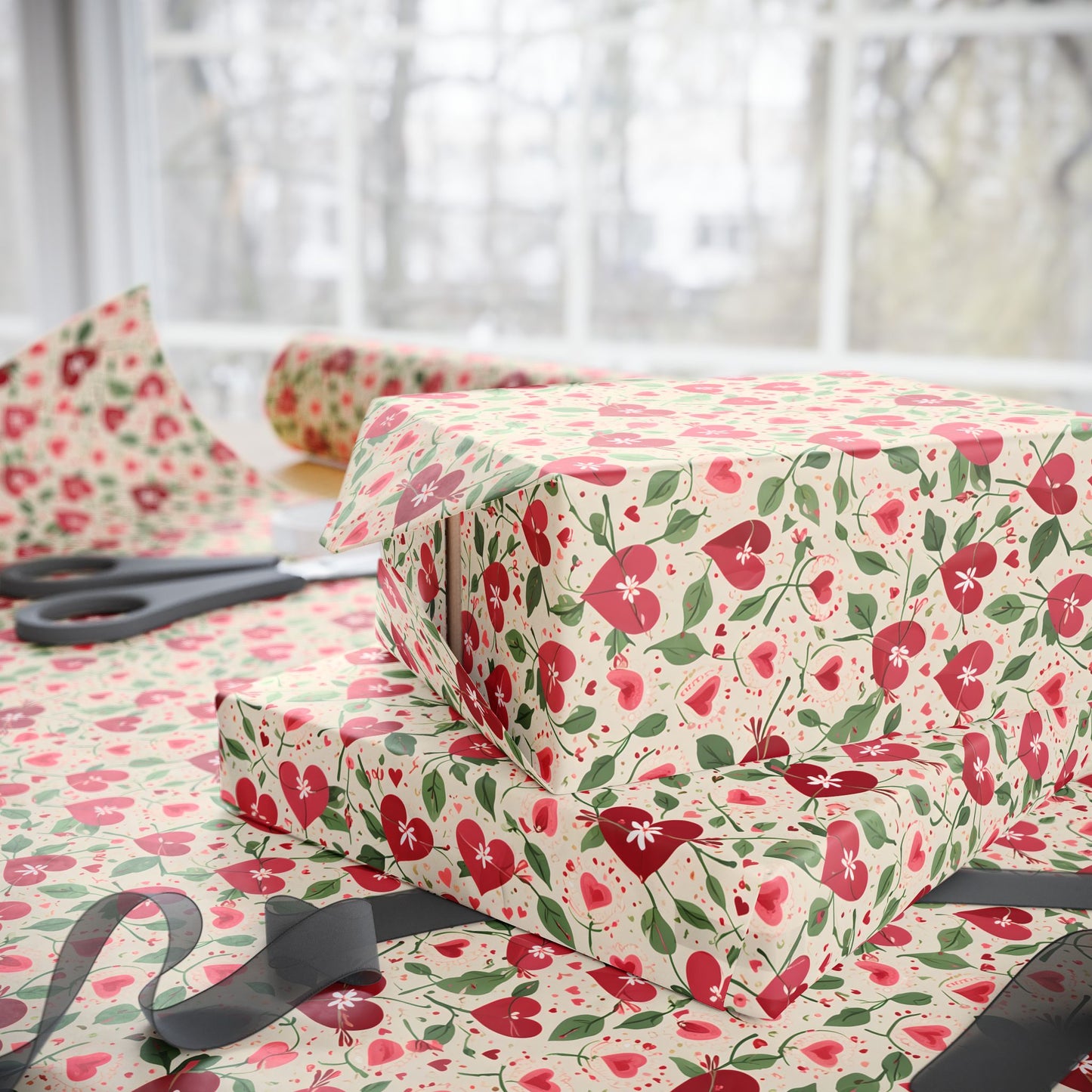 Orange Floral & Heart Wrapping Paper