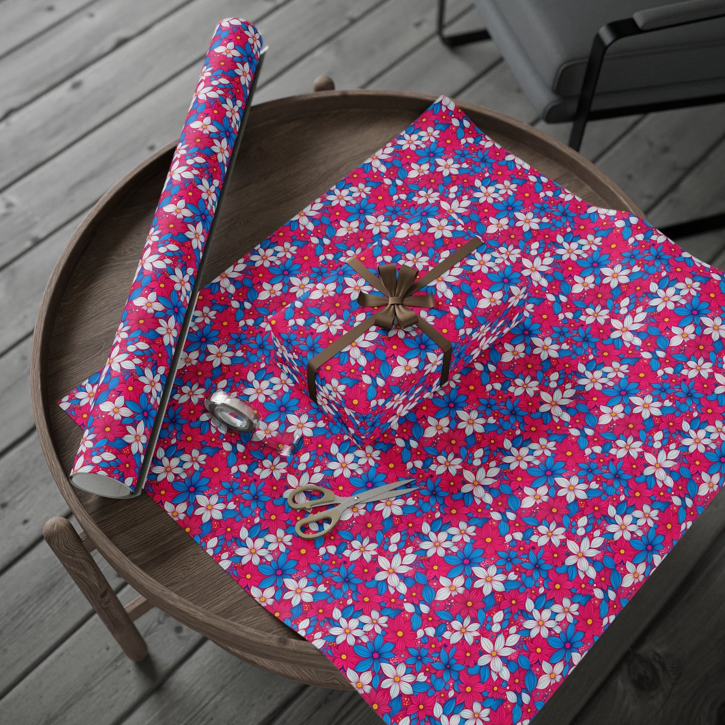 Vibrant Pink, White and Blue Floral Wrapping Paper