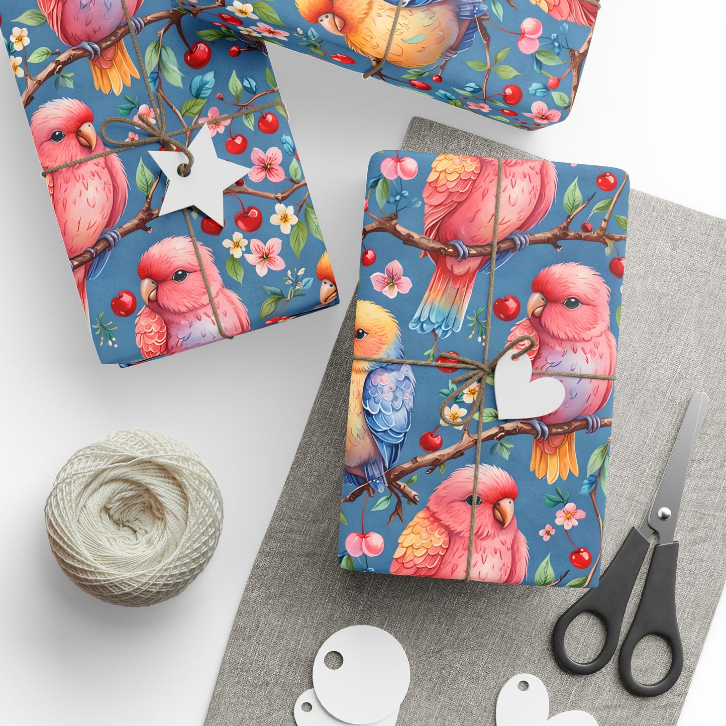 Pastel Lovebirds Cute Valentines Day Gift Paper with Cherries and Flowers