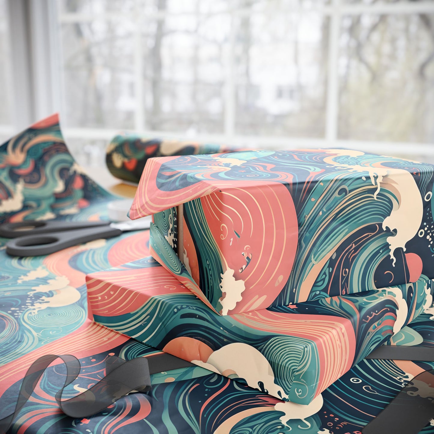 Ocean Wave Wrapping Papers - pink and blue