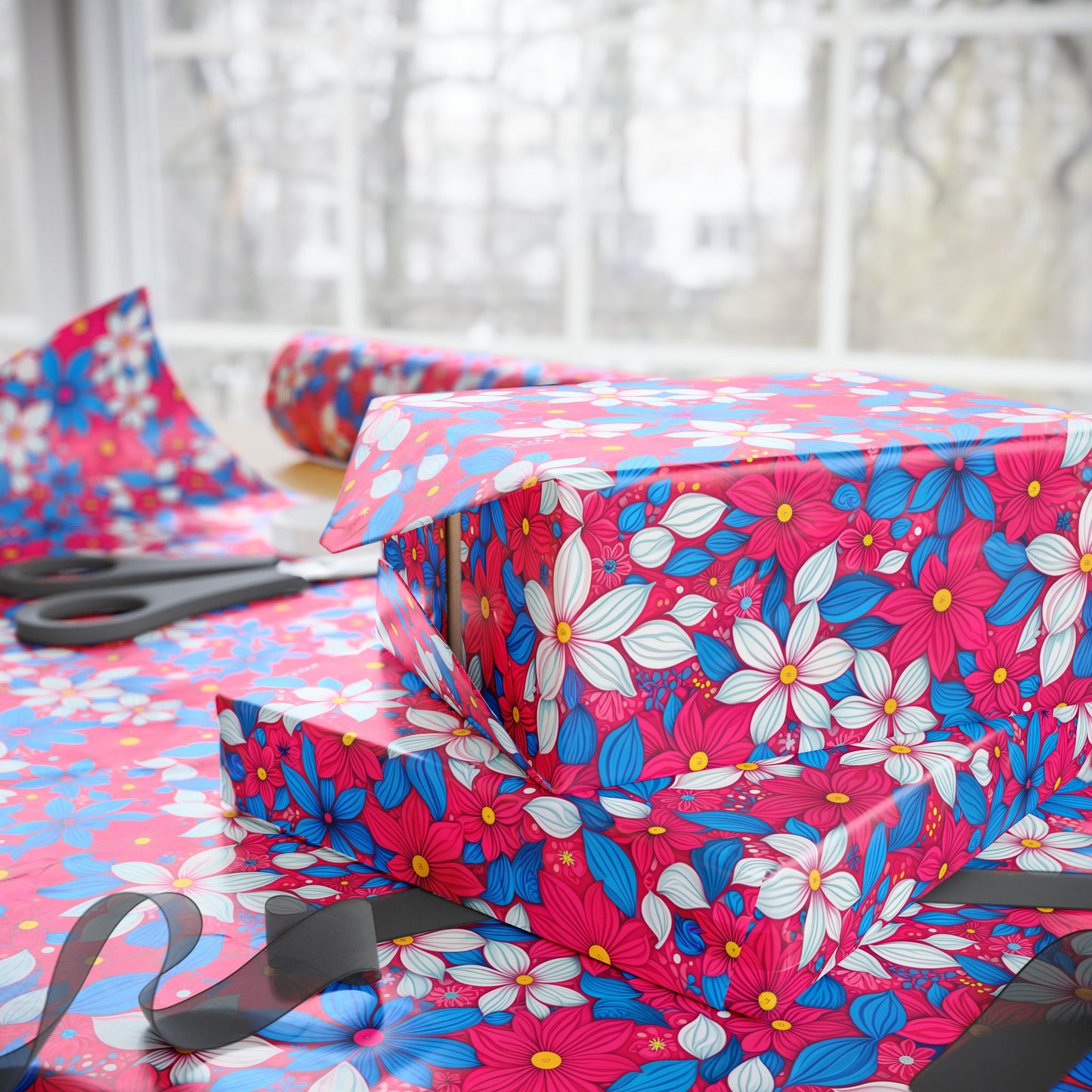 Vibrant Pink, White and Blue Floral Wrapping Paper