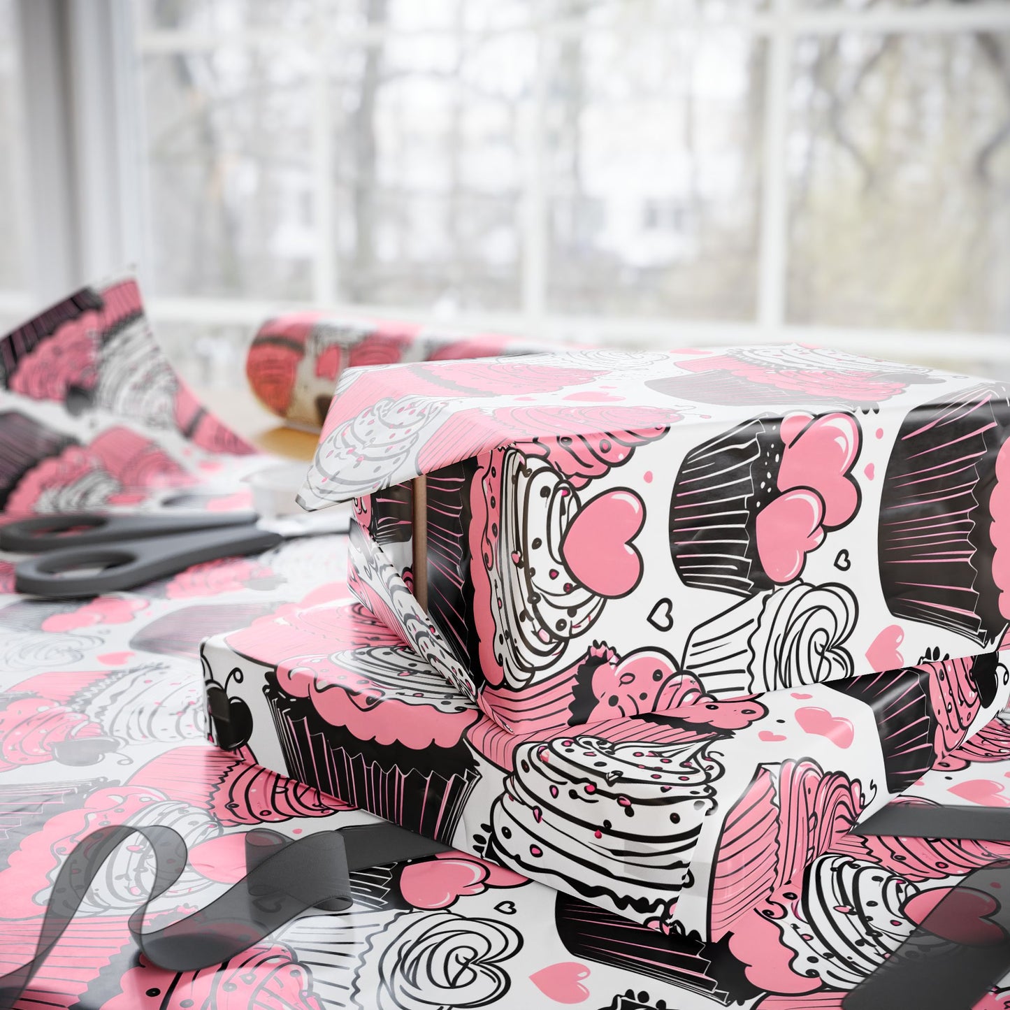 Whimsical Black, Pink, and White Dessert Pattern Wrapping Paper