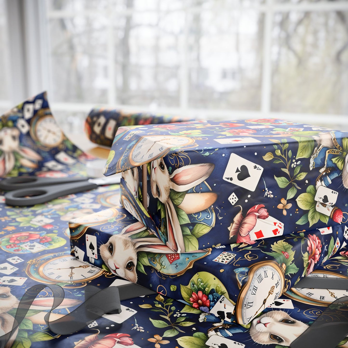 Enchanting Navy Gift Wrap inspired by Alice in Wonderland