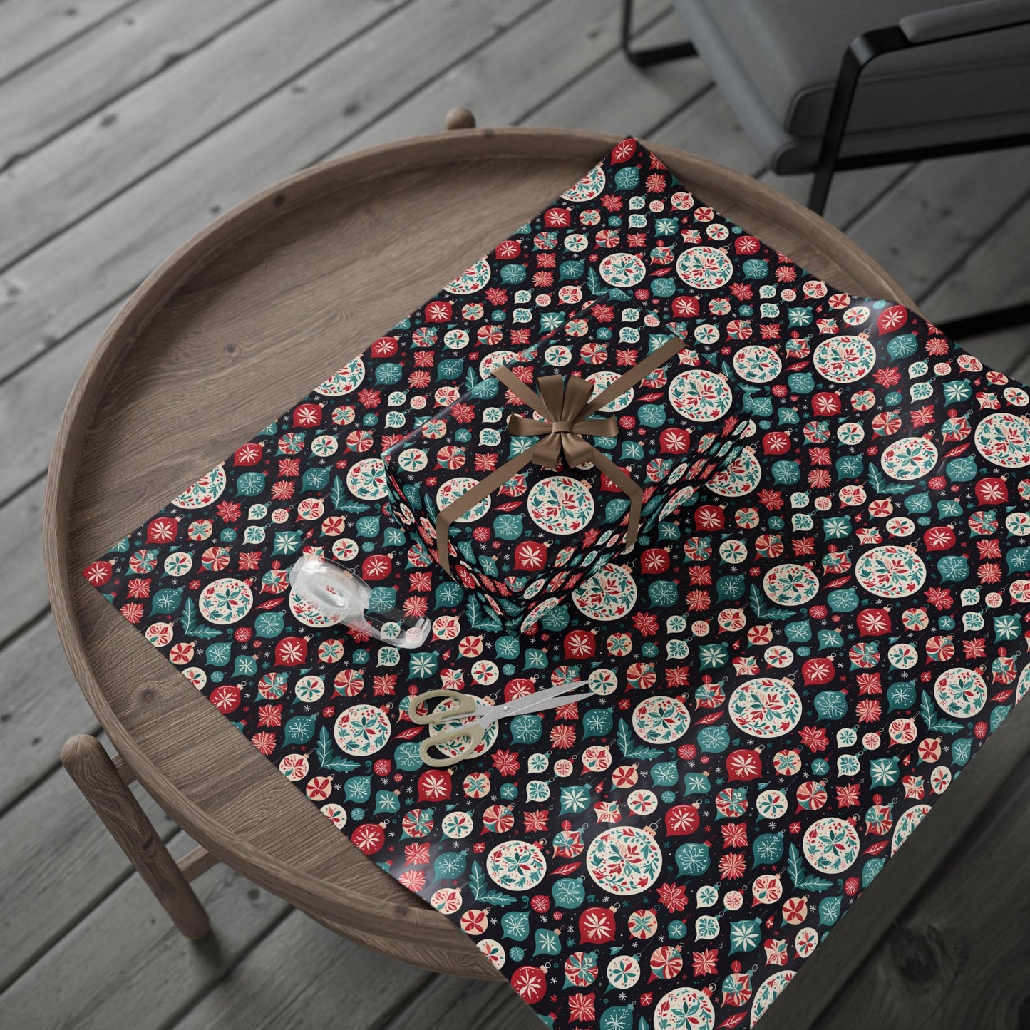 Colorful Aqua and Red Ornaments Wrapping Paper