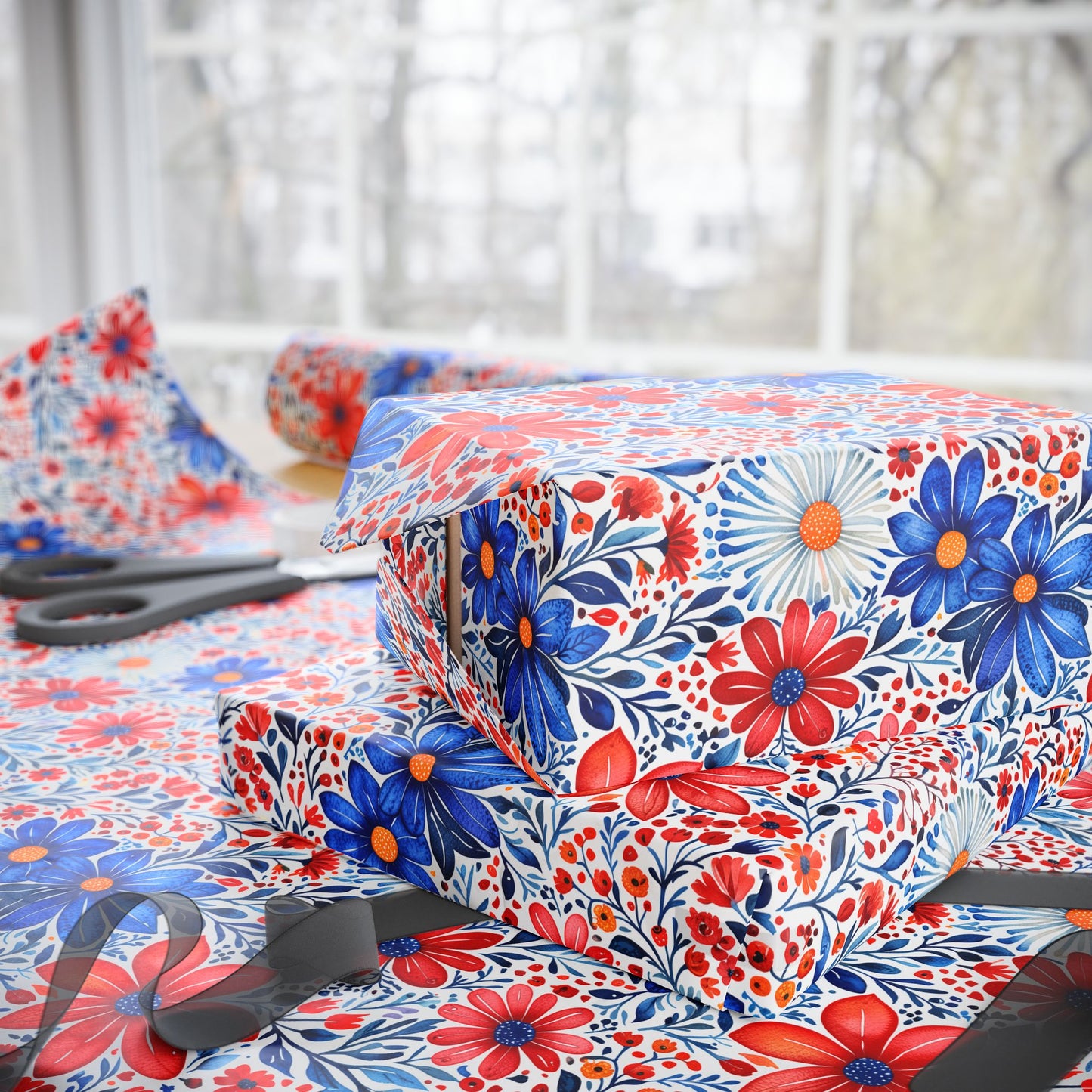 Red, White and Blue Floral Wrapping Paper