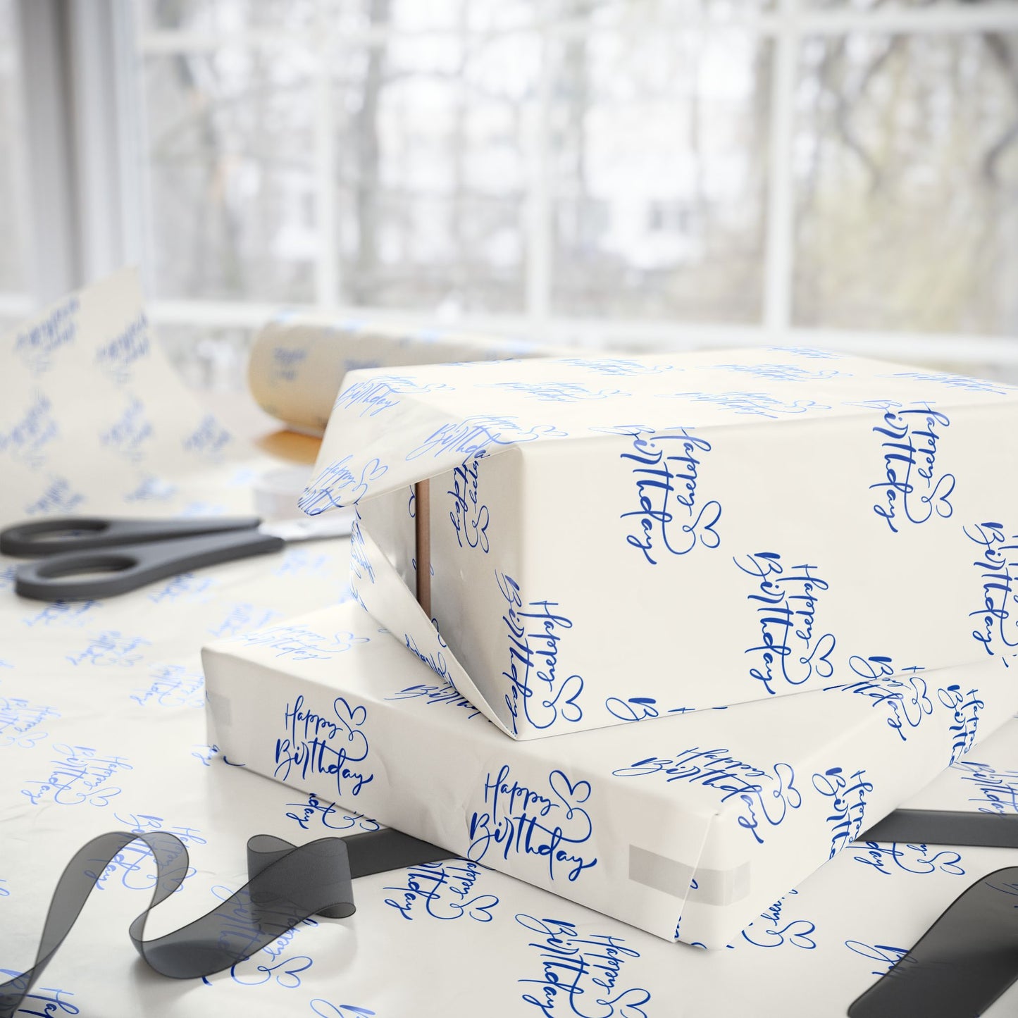Blue Script Happy Birthday Wrapping Paper