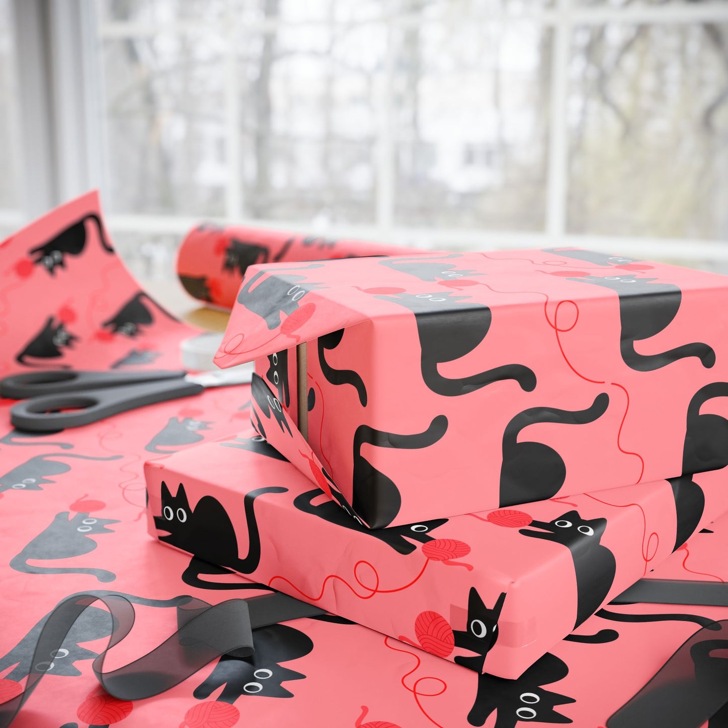 Pink Cat Wrapping Paper – Playful Black Kitty Design for Every Occasion
