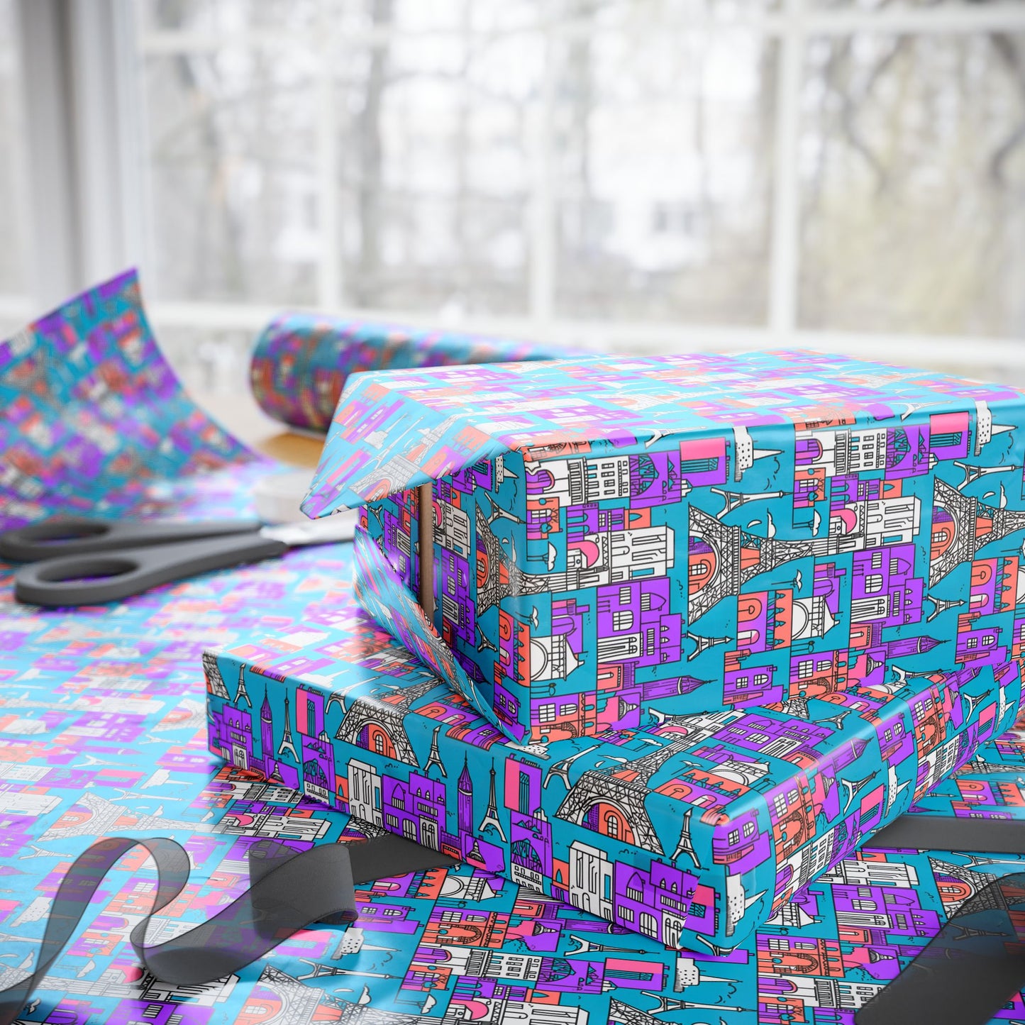 Wrapping Papers - Colorful Blue & Purple Abstract Cityscape