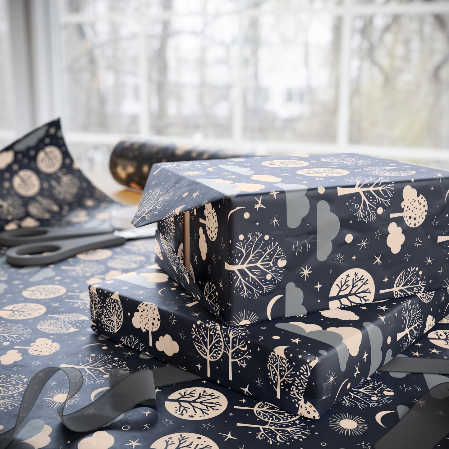 Wrapping Paper - Abstract Moon Stars and Trees in Black and Beige