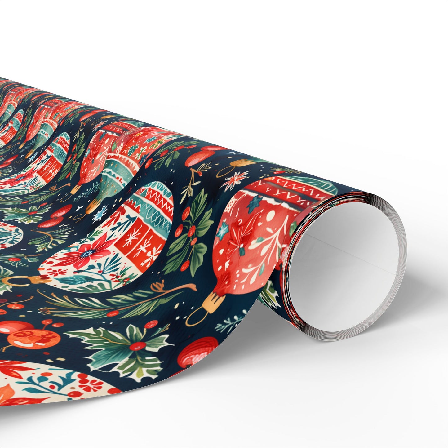 Twinkle Tinsel & Midnight Mistletoe – Folk Art Ornament Wrapping Paper