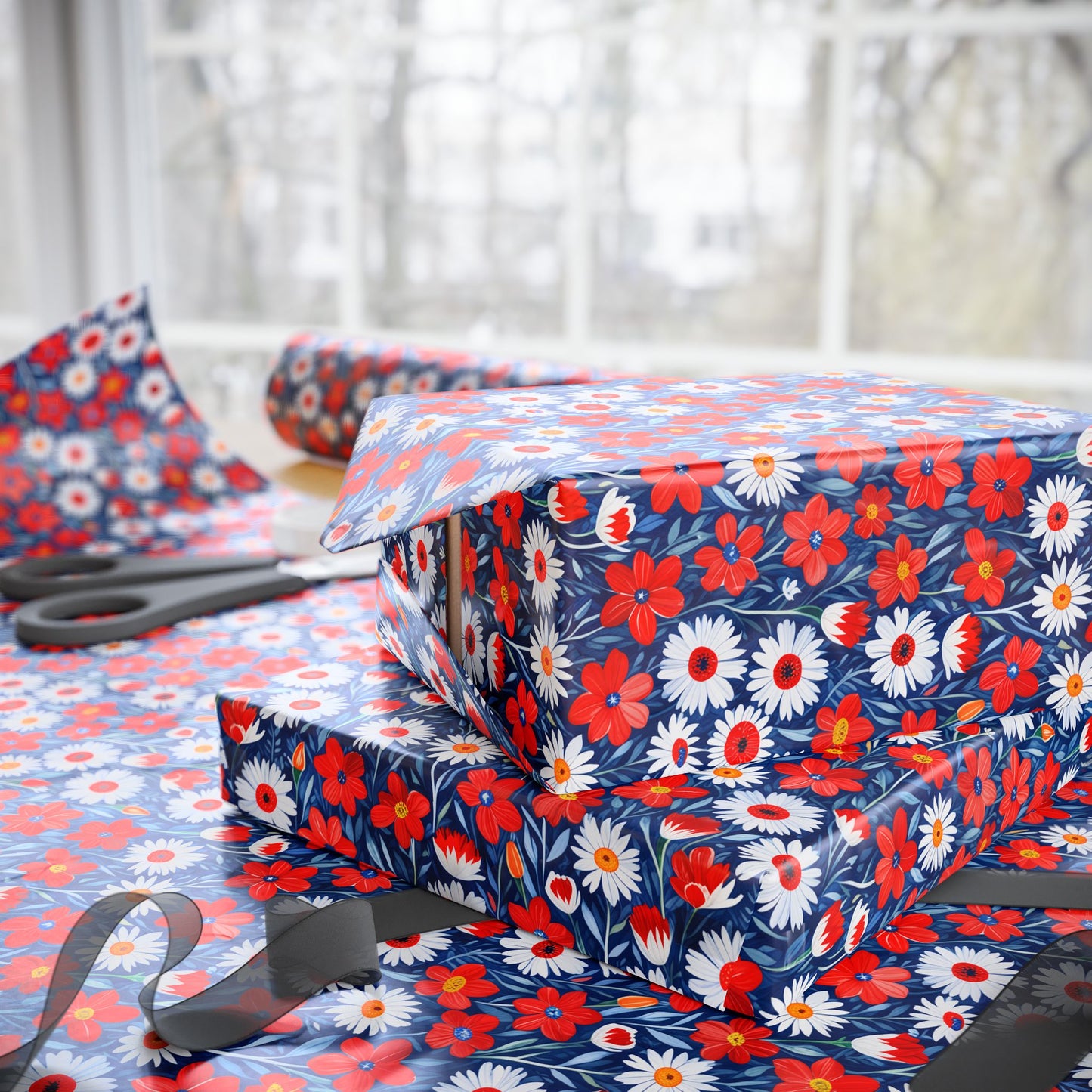 Vibrant Red, Blue and White Floral Wrapping Paper