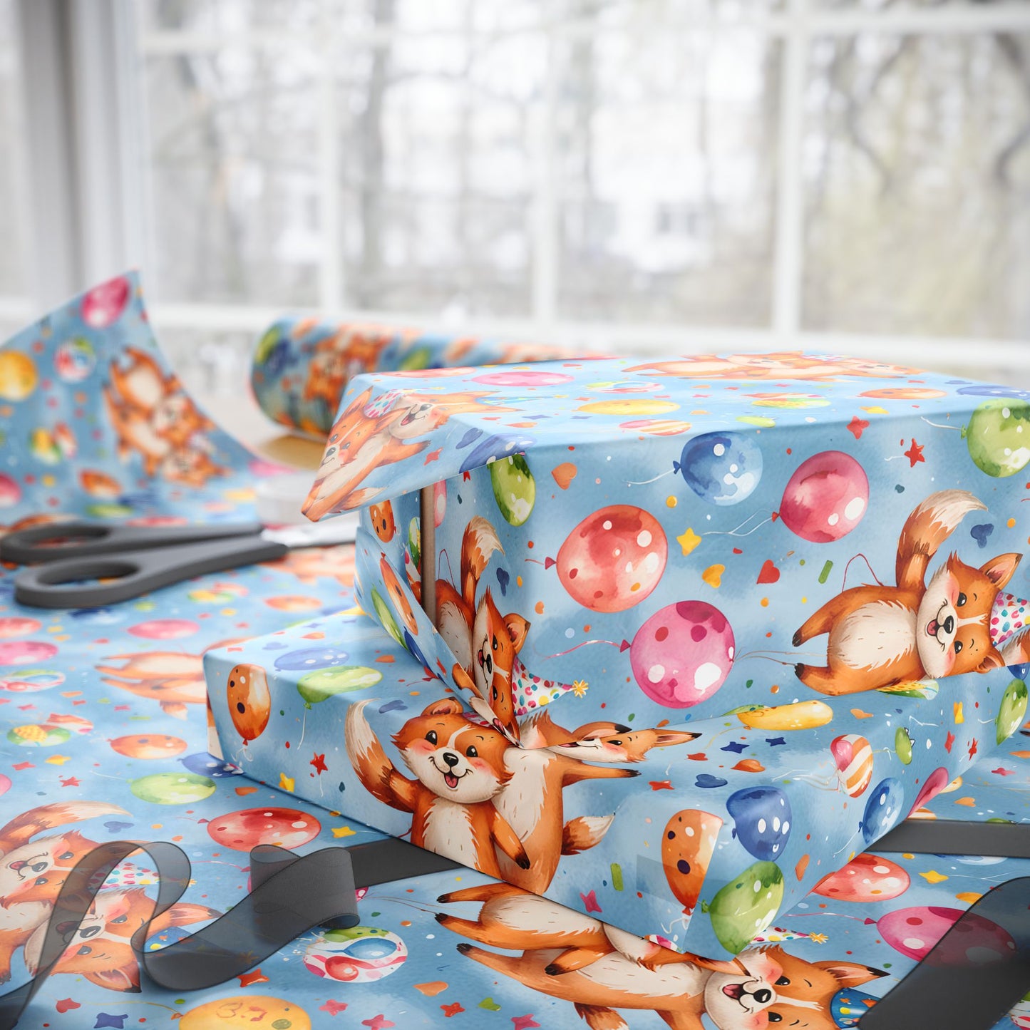 Cute Fox and Balloon Gift Wrap Birthday Party Decor for Kids or Cool Adults