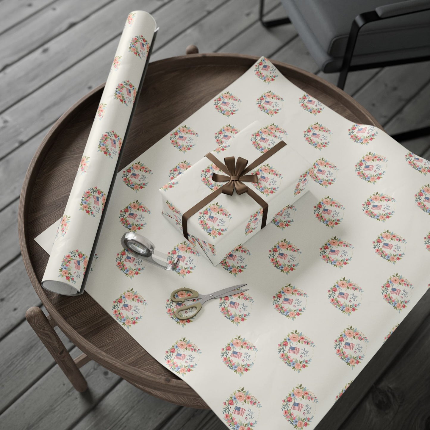 Floral American Flag Wrapping Paper for 4th of July