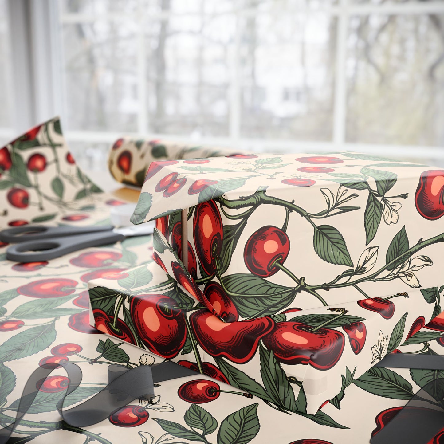 Elegant Cream Background with Cherry Delight Wrapping Paper