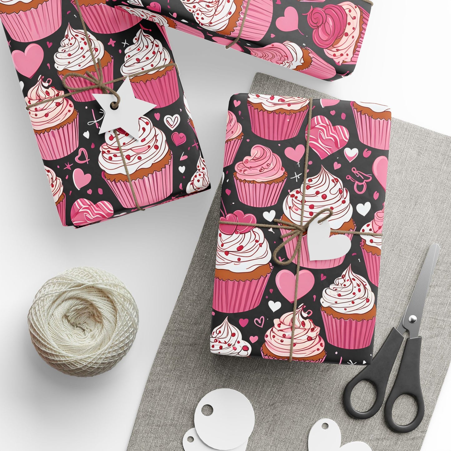 Cupcake and Heart Valentine Gift Paper in pink and white on a black background