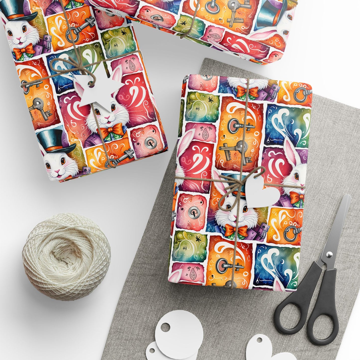 Alice in Wonderland Gift Wrap with Keys & Magic, Whimsical White Rabbit Wrapping Paper