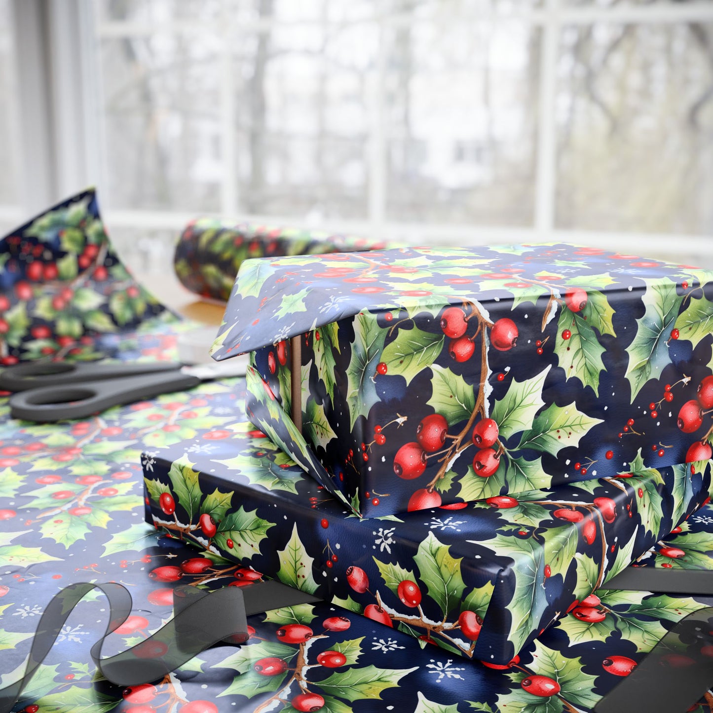 Holly Jolly Luxe – Navy & Berry Botanical Wrapping Paper