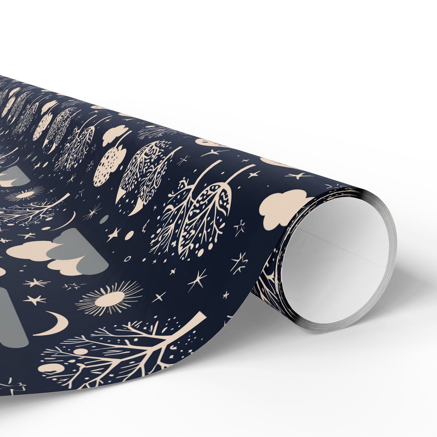 Wrapping Paper - Abstract Moon Stars and Trees in Black and Beige