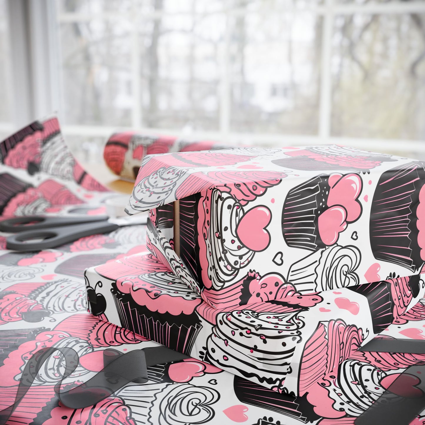 Whimsical Black, Pink, and White Dessert Pattern Wrapping Paper