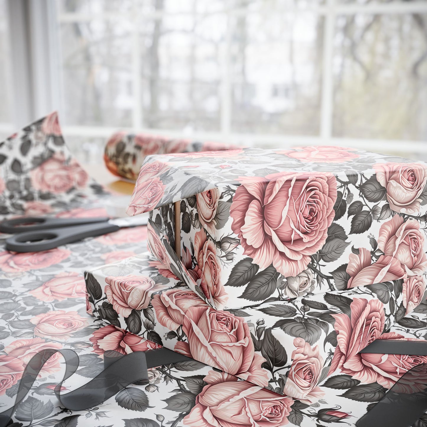 Rose Whispers – Soft Floral Gift Wrap in Pink & Grey