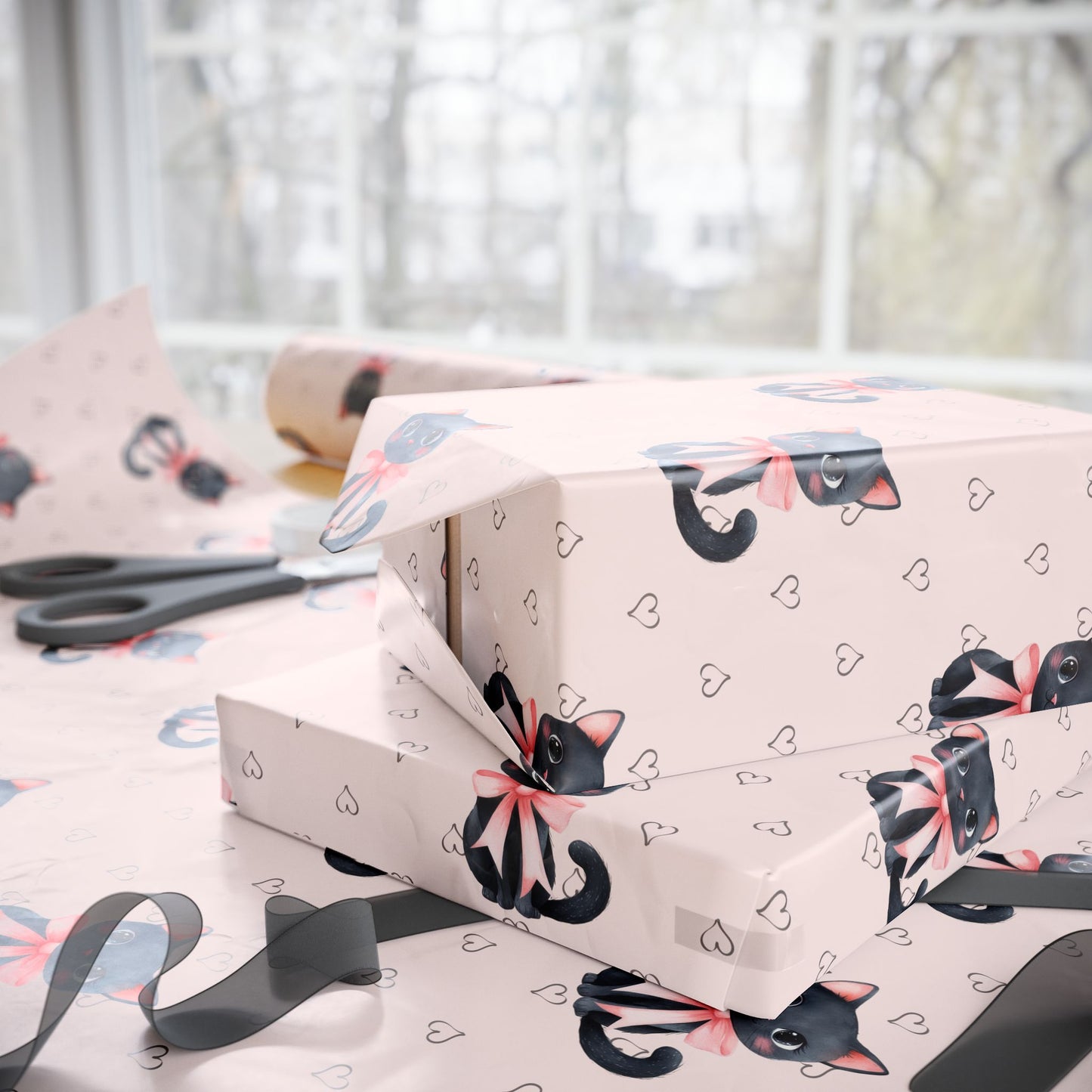 Purrfectly Pink – Black Cat & Bows Wrapping Paper