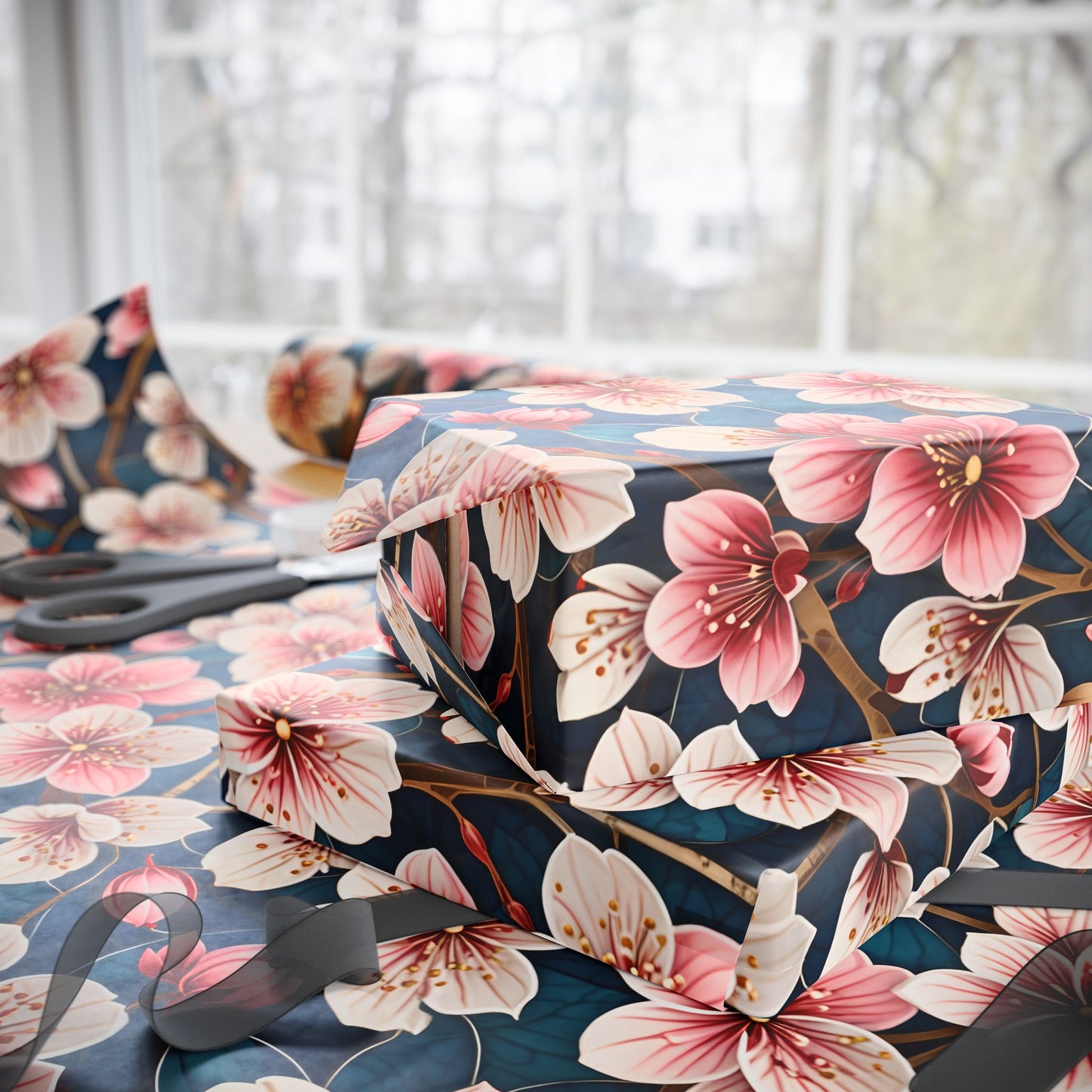 Botanical Patterned Decorative Paper Pink Floral with deep Blue Leaves