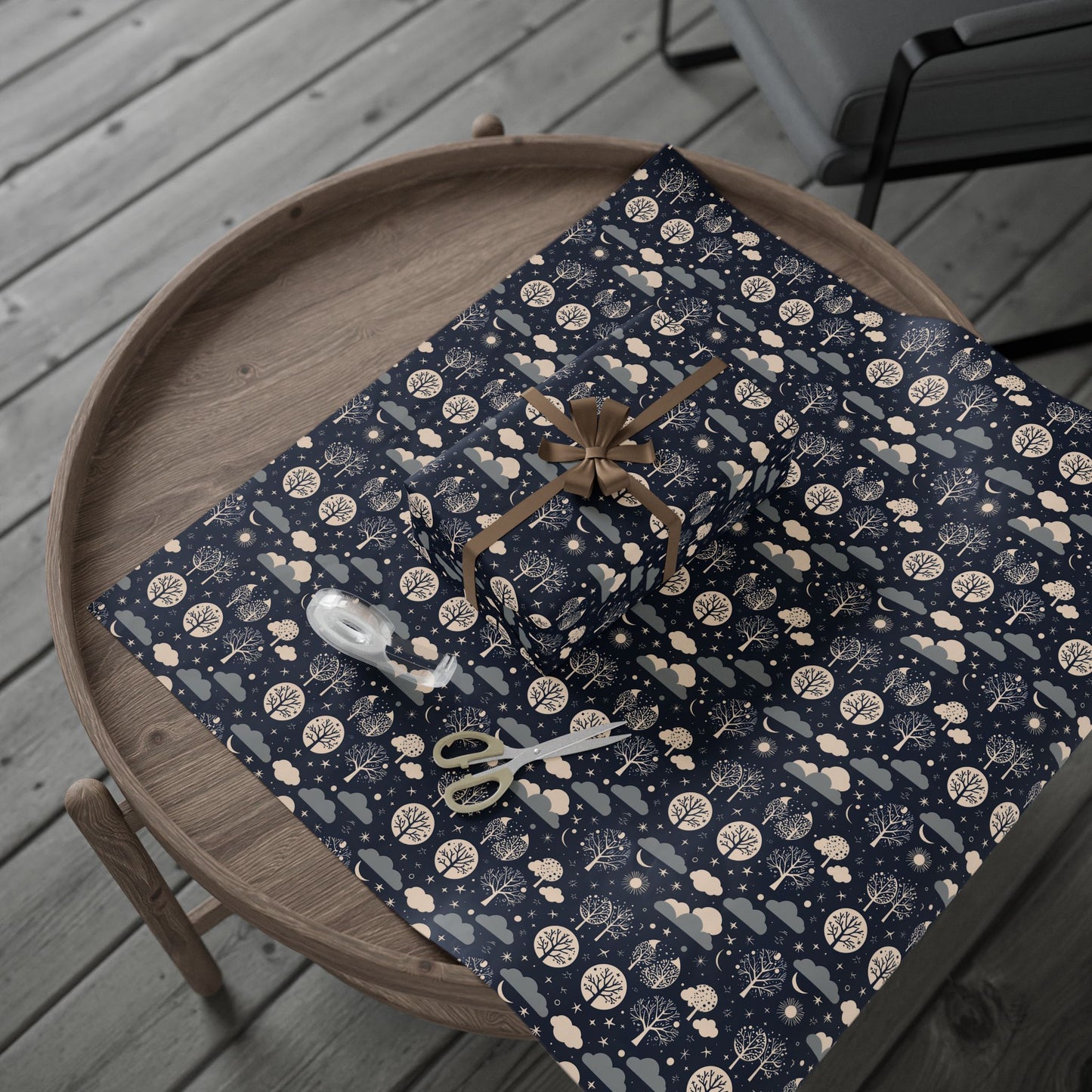 Wrapping Paper - Abstract Moon Stars and Trees in Black and Beige