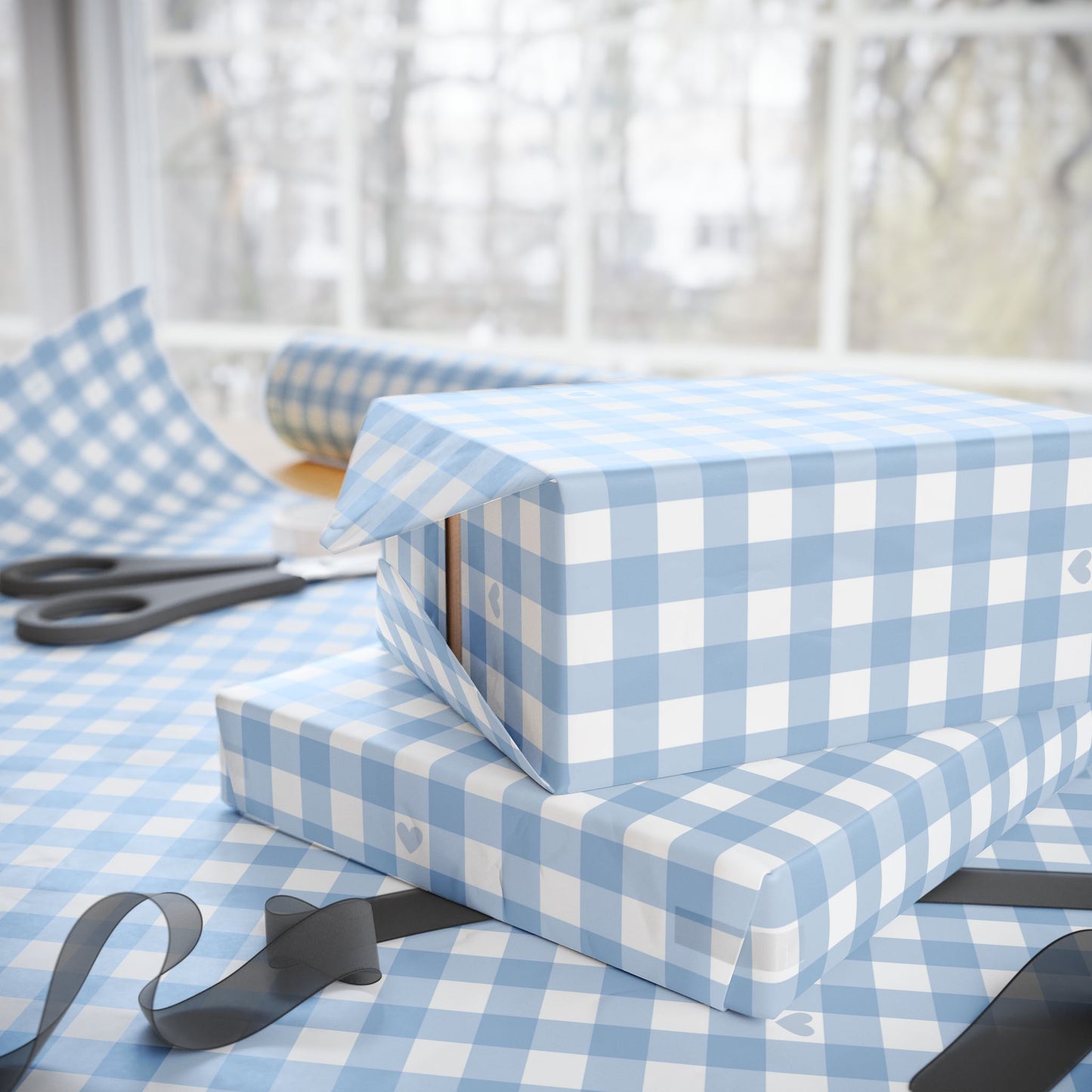 Gingham Blue with Small Hearts Wrapping Papers