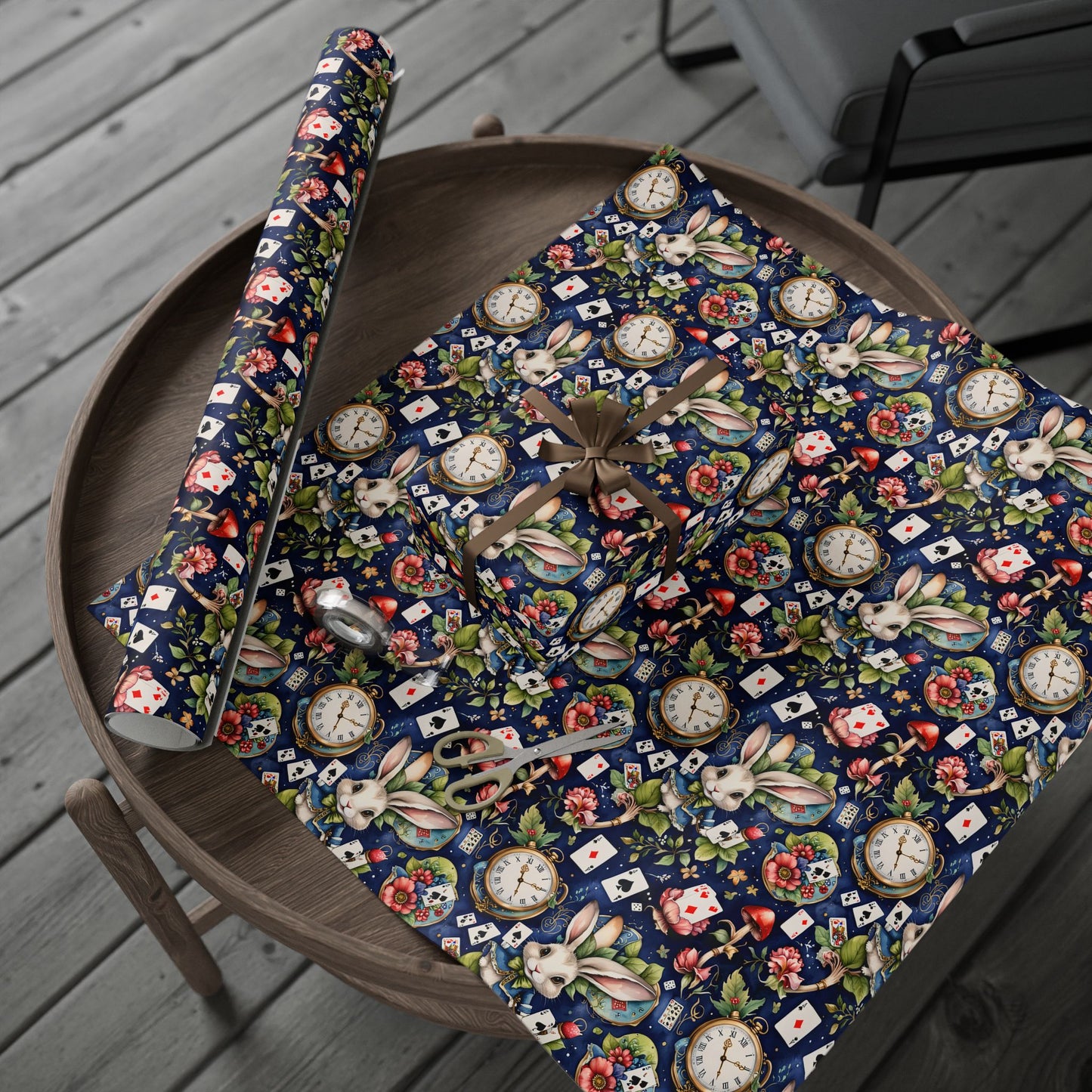 Enchanting Navy Gift Wrap inspired by Alice in Wonderland