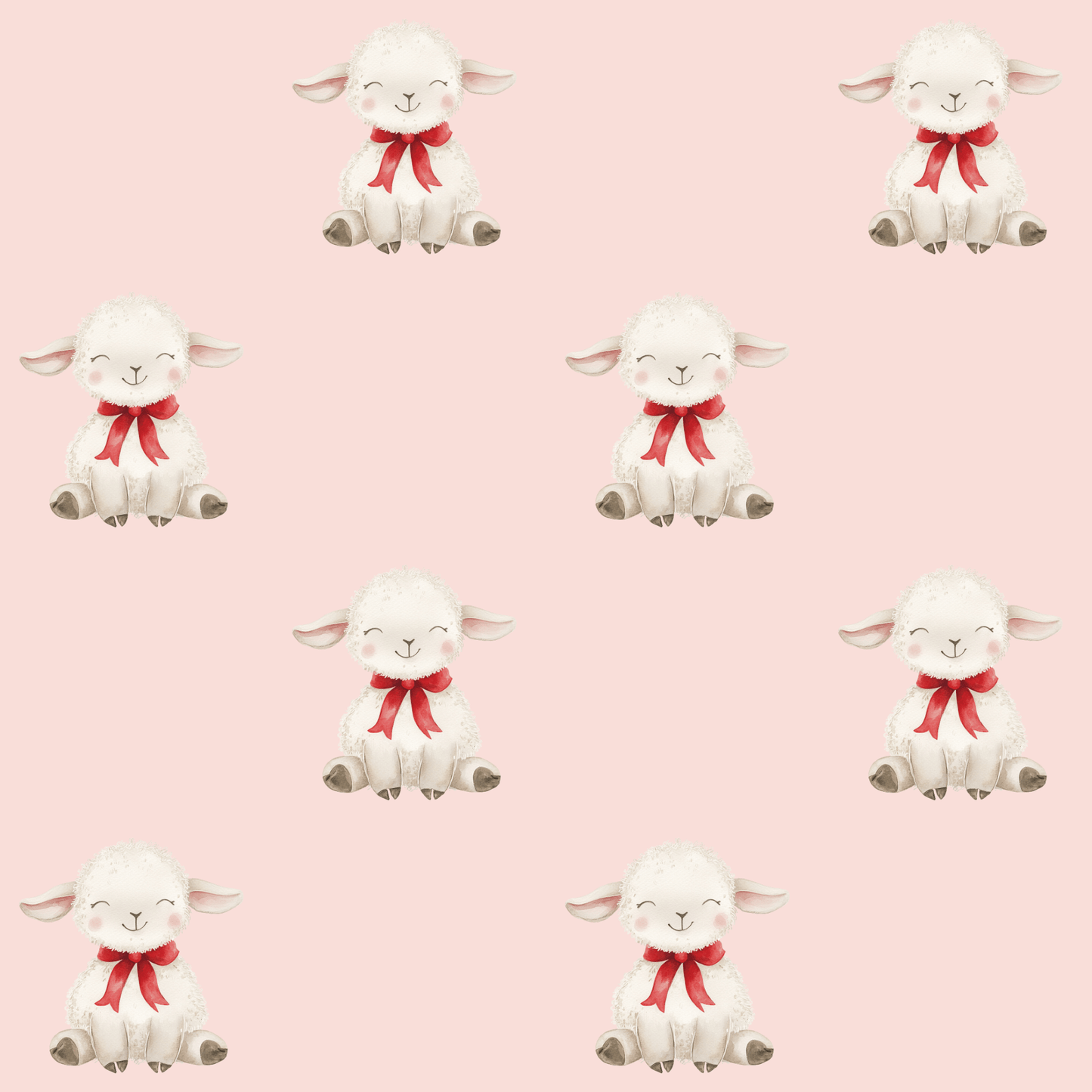 Cute Fluffy Sheep Red Bow Pink Background