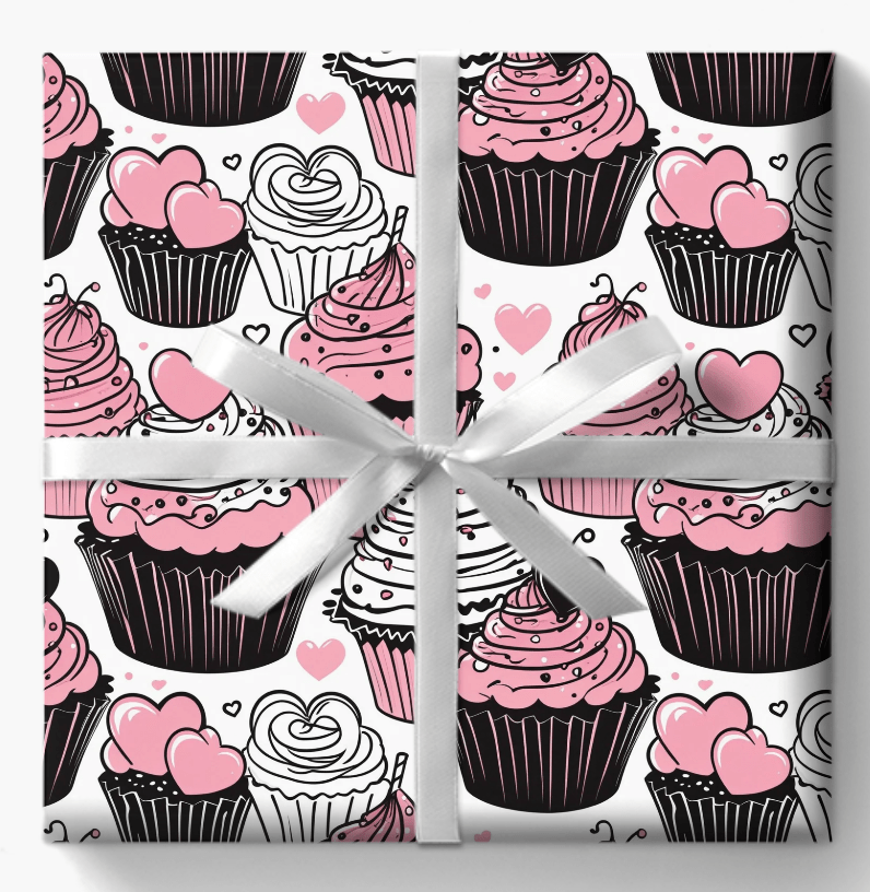 Whimsical Black, Pink, and White Dessert Pattern Wrapping Paper