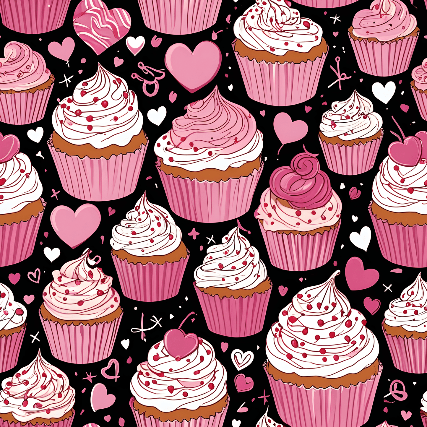 Cupcake and Heart Valentine Gift Paper in pink and white on a black background