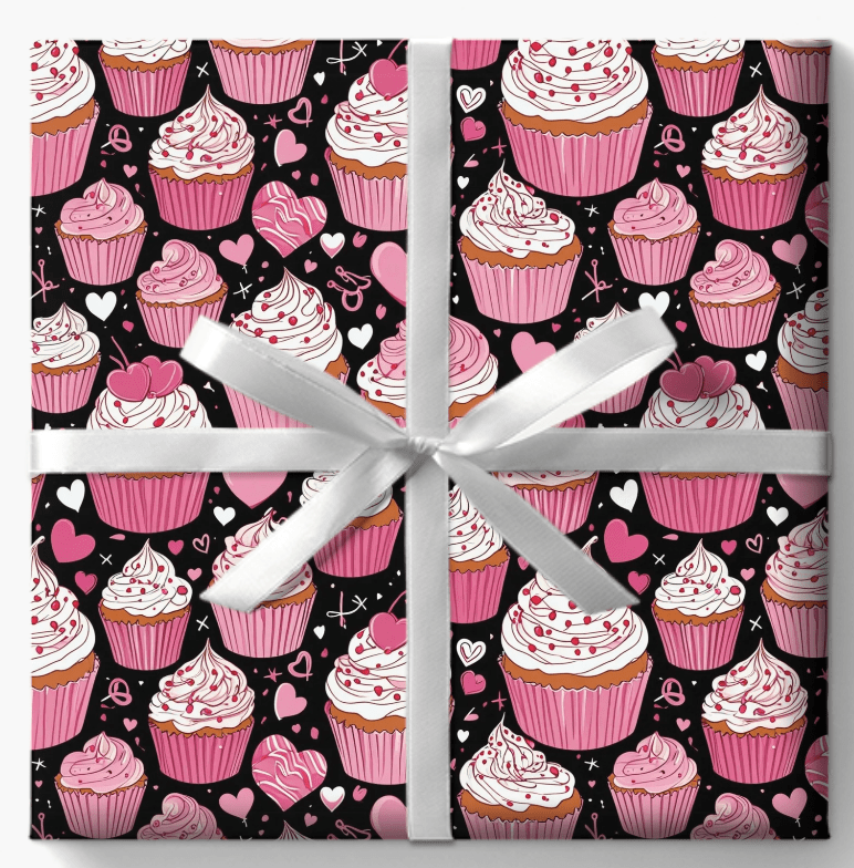 Cupcake and Heart Valentine Gift Paper in pink and white on a black background