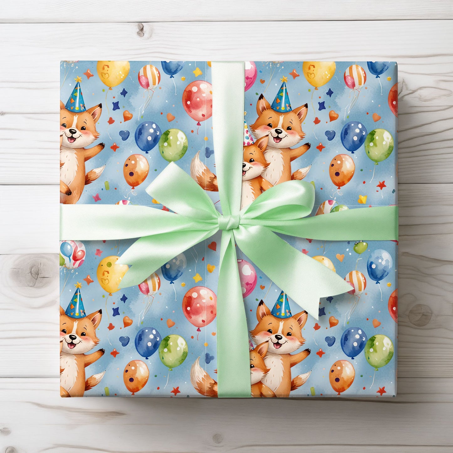 Cute Fox and Balloon Gift Wrap Birthday Party Decor for Kids or Cool Adults