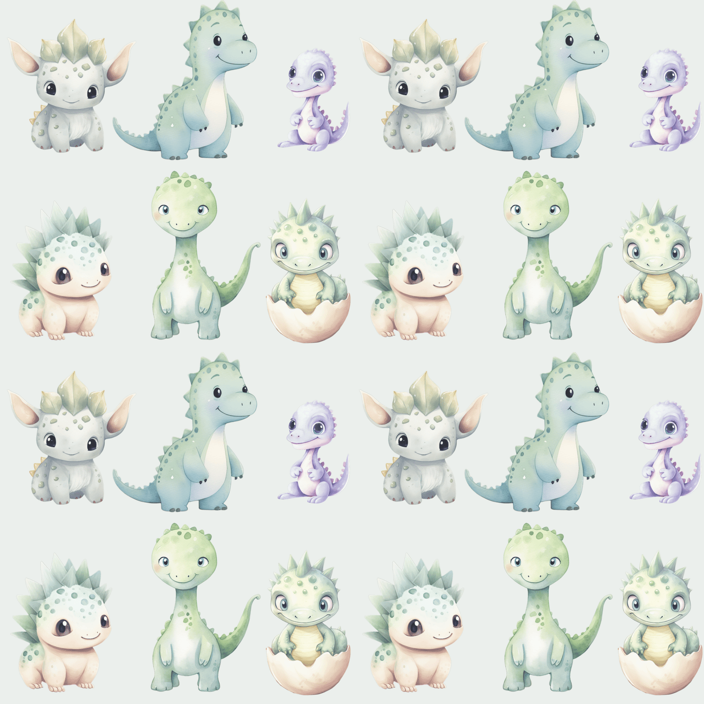 Cute Baby Dinosaurs on Light Green Background