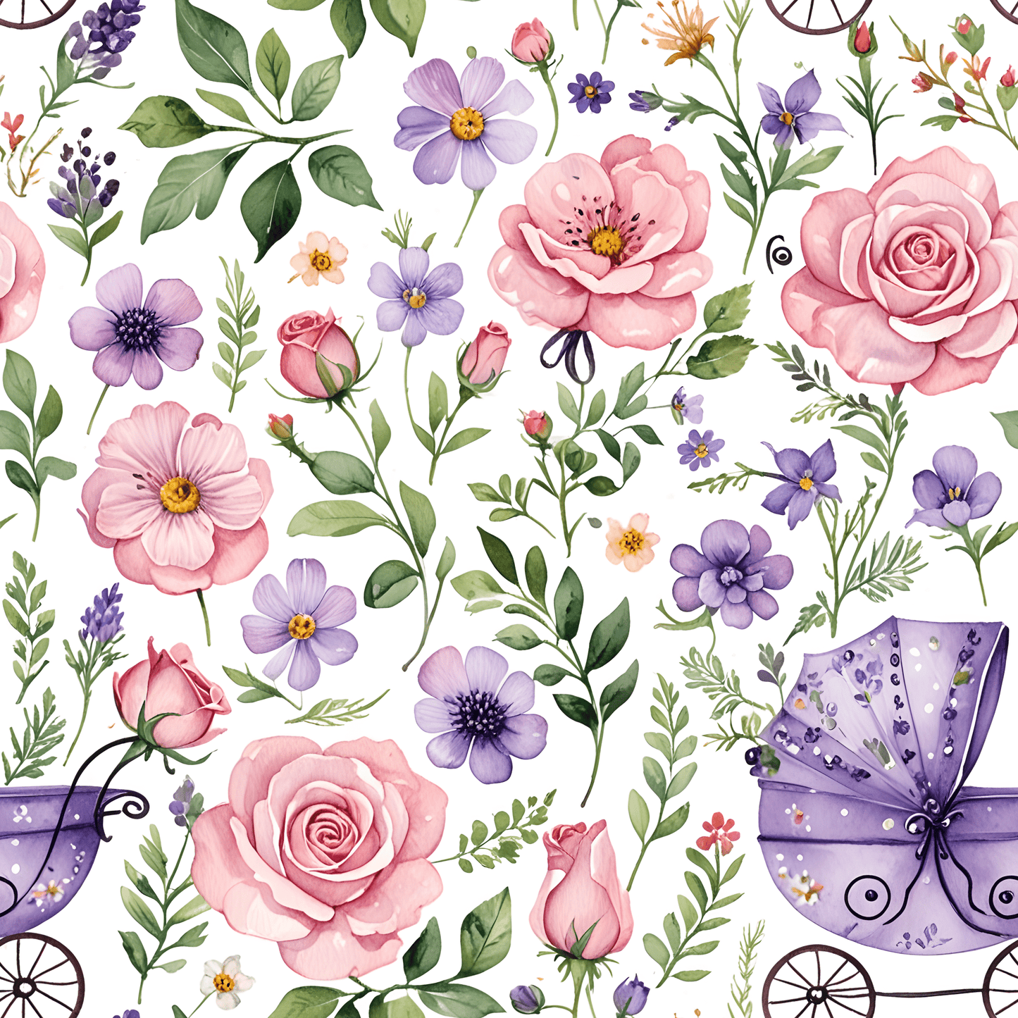 Baby Shower Gift Wrap with Floral and Baby Carriage Design