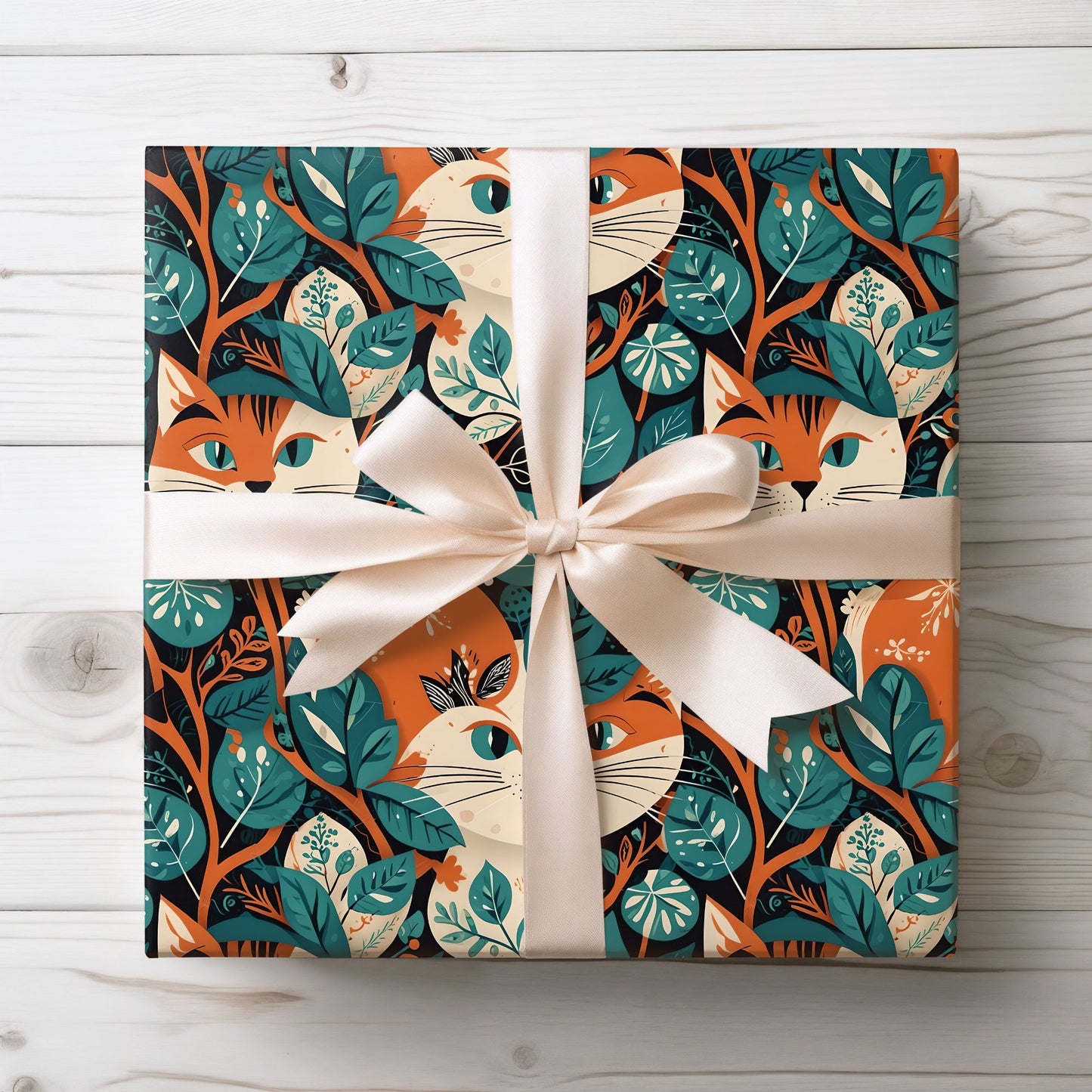 Green Orange Retro Cat Pattern Gift Wrap