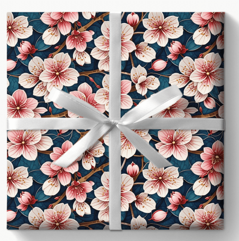 Botanical Patterned Decorative Paper Pink Floral with deep Blue Leaves