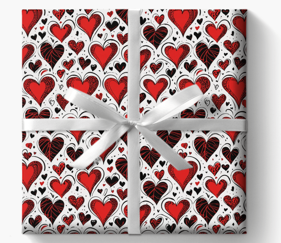 Stylish Gift Wrap with Vibrant Hearts in Black and Red