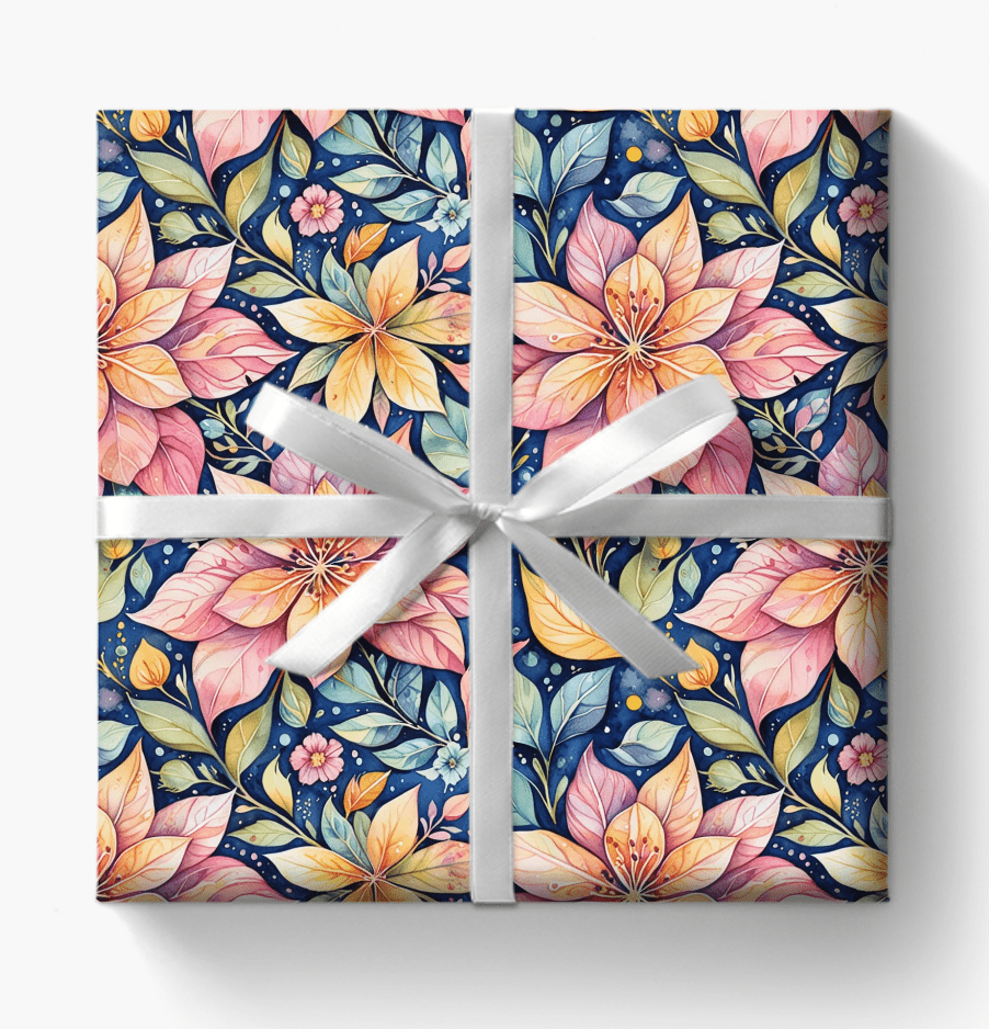 Pink and Yellow Flowers on Blue Background