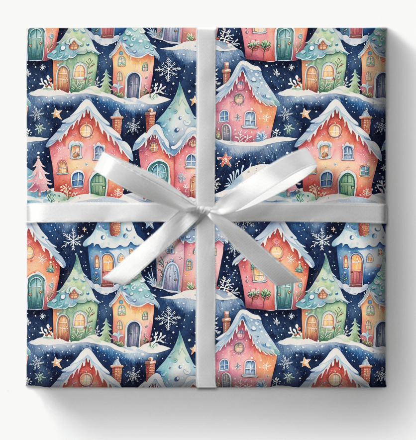 Holiday Wrapping Papers with Sparkling Star, Cute Snowflake, and Christmas Village Design