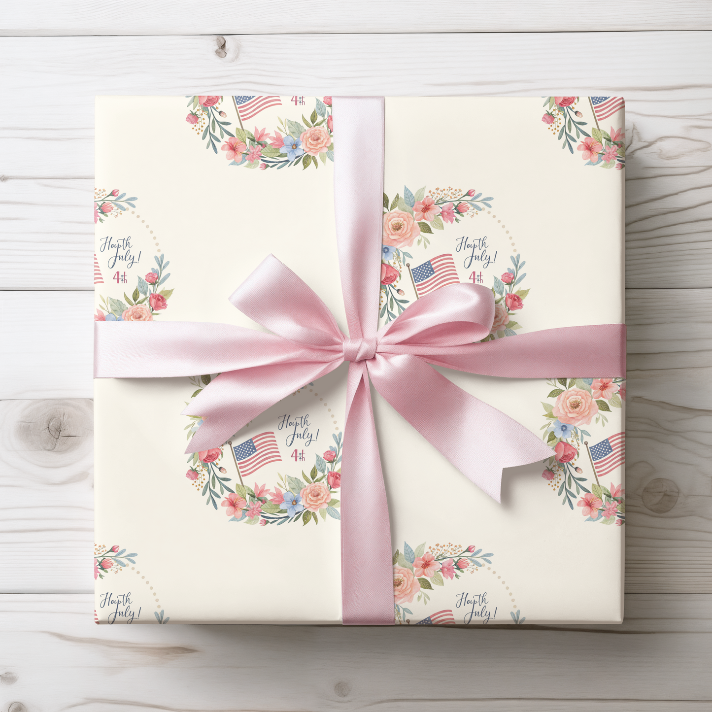 Floral American Flag Wrapping Paper for 4th of July