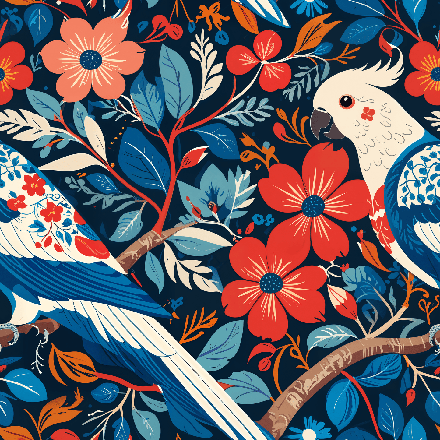 Red and Blue Parrot Floral Gift Wrap Paper