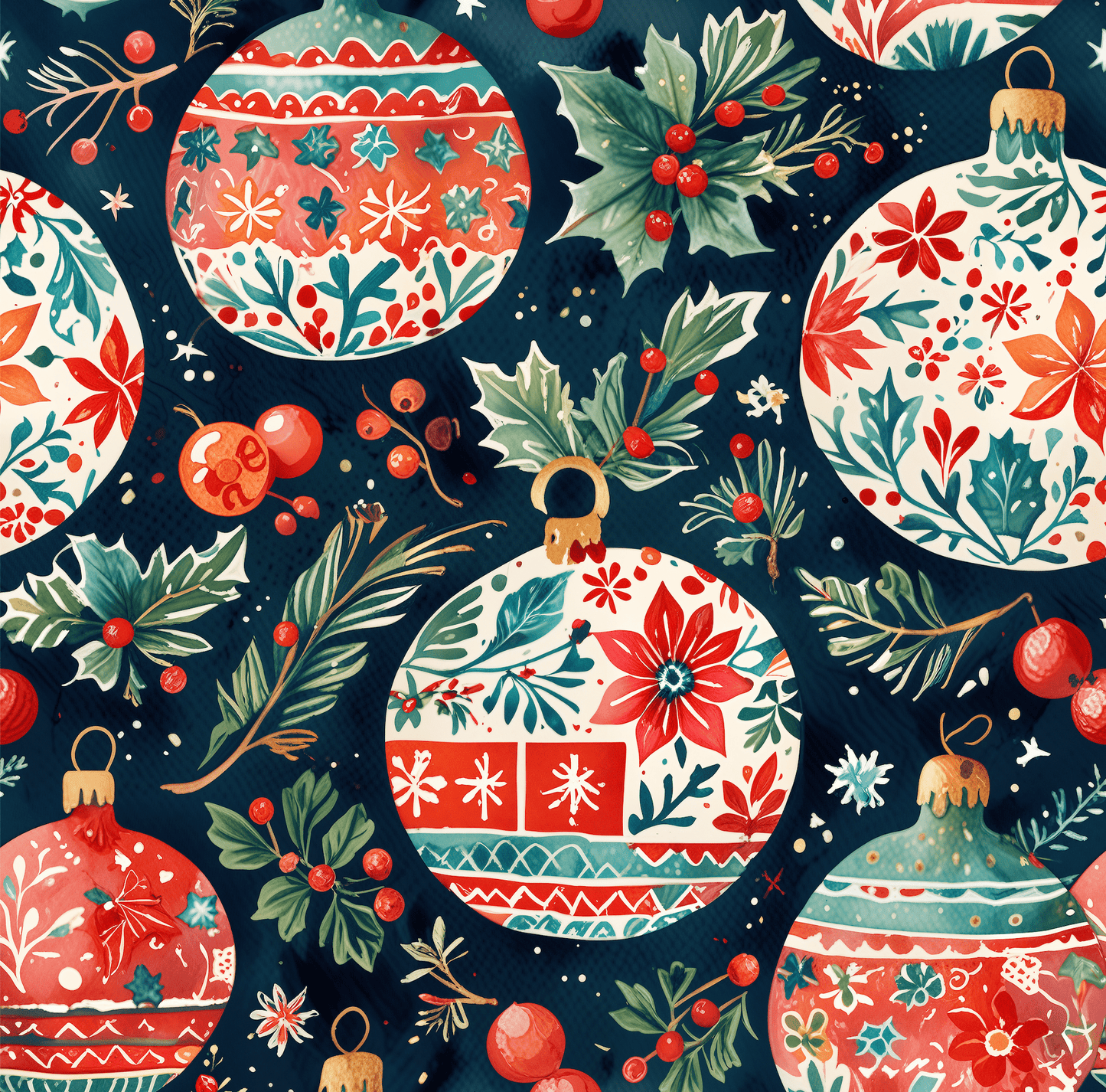 Twinkle Tinsel & Midnight Mistletoe – Folk Art Ornament Wrapping Paper