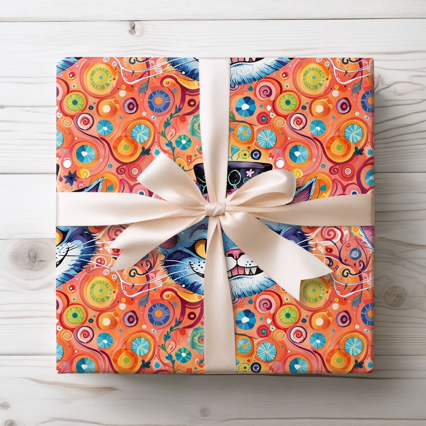 Vibrant Orange Cheshire Cat Gift Wrapping Paper