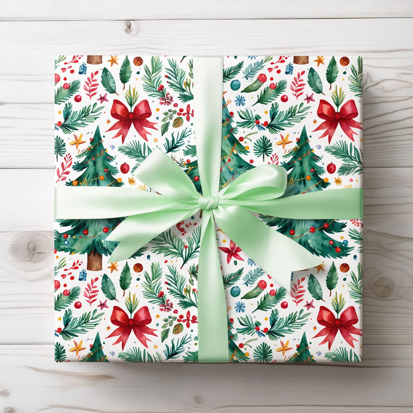 Merry & Bright Botanicals – Watercolor Tree & Garland Wrapping Paper